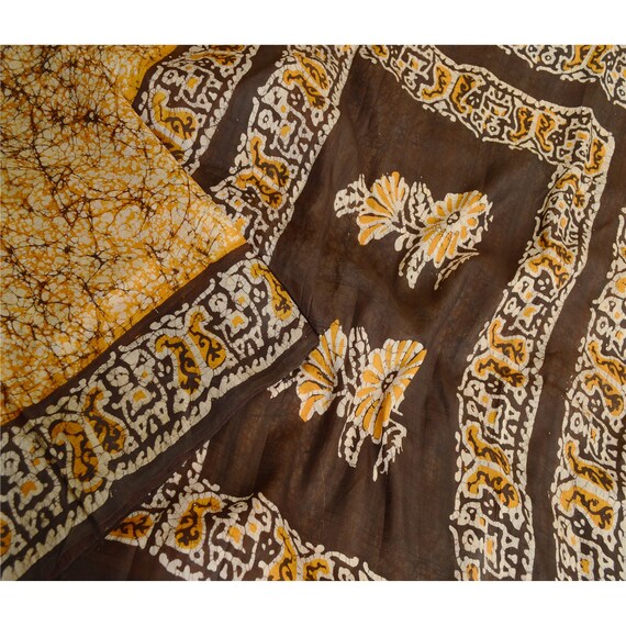 KreatvKraft Vintage Saree 100% Pure Silk Saffron & Brown Batik Work  Saree 5Yd Fabric Pre-Owned Saree Indian , Recycled, Remnant,Sewing