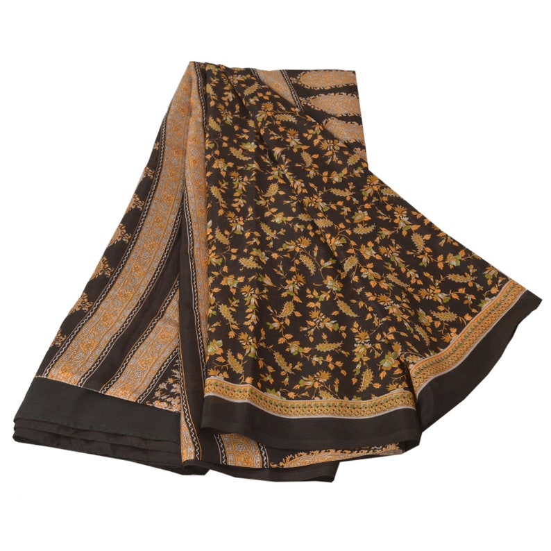Vintage Saree Art Silk Black Sarees Printed Decor Soft 5Yd Craft Fabric