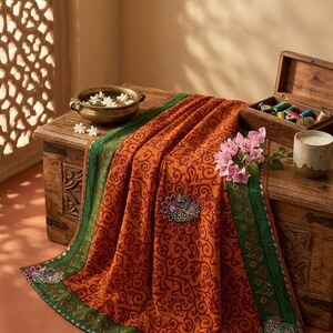 May include: A fabric textile featuring a burnt orange base with a dark red swirling floral pattern and a wide green border with intricate detailing. The fabric is draped over a wooden chest alongside a small bowl of white flowers and a wooden box.