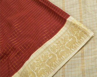 KreatvKraft Vintage Sari 100% Pure Cotton Sarees Red/Cream Zari Woven 5Yd Craft Fabric