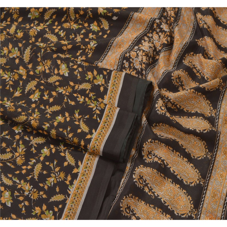 Vintage Saree Art Silk Black Sarees Printed Decor Soft 5Yd Craft Fabric