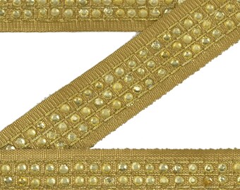 KreatvKraft Vintage Indian Hand Beaded Dress Border 1 Yd Trim Ribbon Golden Craft Lace upholstery fabric