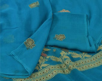 Vintage Blue 100% Pure Georgette Silk Saree Woven Floral Fabric Craft Sewing Dressmaking Curtains Indian Wedding Decor upcycling KreatvKraft
