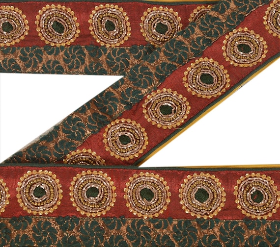 KreatvKraft Vintage Saree Border 1 Yd 2.5"W Maroon Art Silk Hand Embroidered Dabka Woven Indian Sari Trim Sewing Maroon Saree Decor Lace