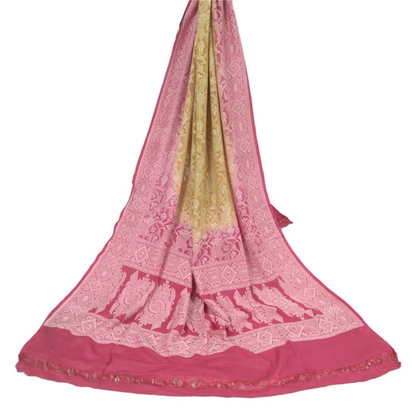 KreatvKraft Vintage Mustard/Pink Pure Silk Dupatta Long Stole Woven Wrap Scarves