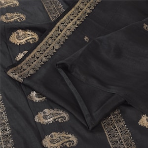 Vintage Black Cotton Sari: Woven Paisley Fabric, Golden Zari Border (5 Yrd)By KreatvKraft