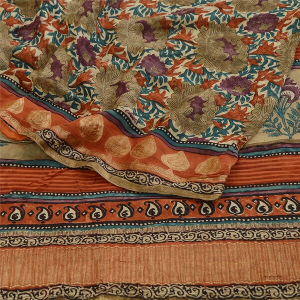 KreatvKraft Vintage Sari 100% Reine Georgette Seide Multi Bedruckte Zari Arbeit Sarees 5 Meter Stoff