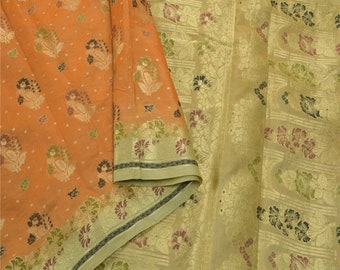 Vintage Sari 100% Pure Silk Orange Heavy Saree Woven Craft 5Yd Soft Fabric