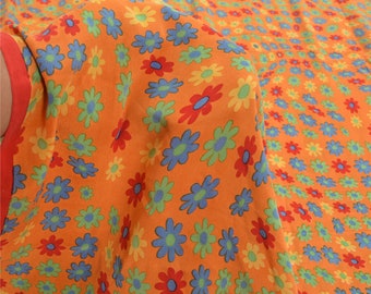 KreatvKraft Vintage Sari 100% Pure Crepe Silk Orange/White Sarees Printed 5yd Craft Fabric