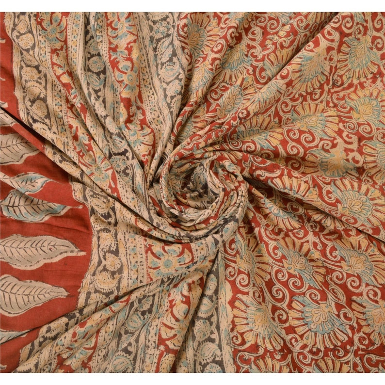 KK Vintage Red Heavy Saree 100/% Pure Cotton Fabric Block Print Kalamkari Sari 5 Yard