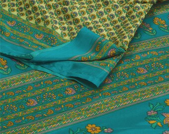 KreatvKraft Vintage Sari Moss Crepe Green Indian Sarees Printed Soft 5yd Craft Fabric