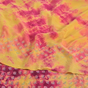 Vintage 100% Pure Crepe Silk Tie-Dye Embroidered Yellow & Purple Saree 5 Yd  Bohemian Fabric For Dressmaking,Craft Supplies KreatvKraft