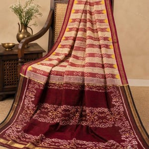 Sambhalpuri Ikat Hand Woven Cotton Silk Saree Red Sari 5+Yard Craft Fabric Supplies Wedding Partywear Sewing Upcycling By KreatvKraft