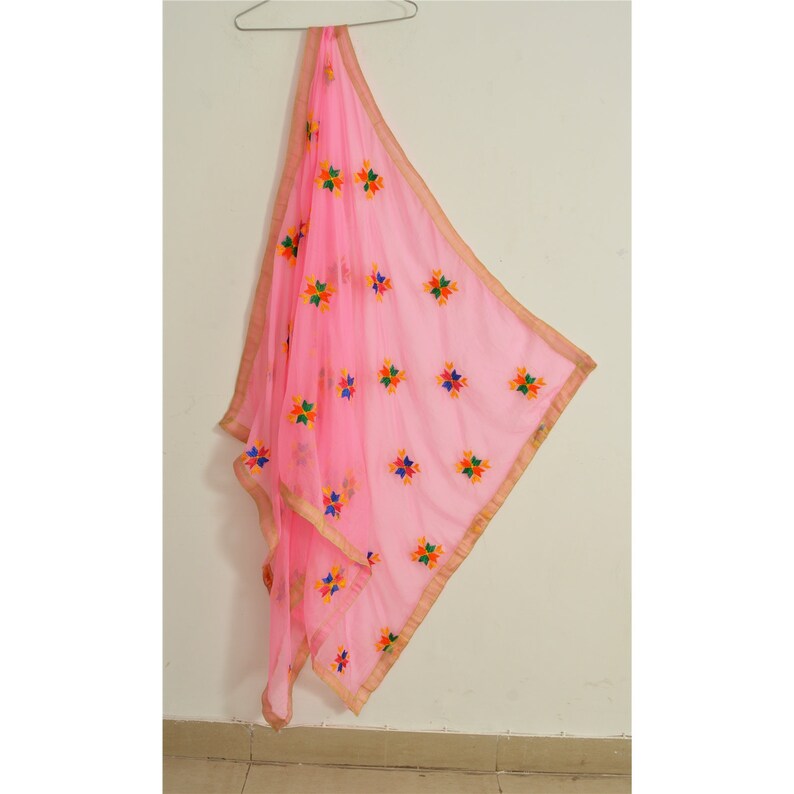 KK Vintage Dupatta Long Stole Ooak Pink Hand Embroidered Bagh Phulkari