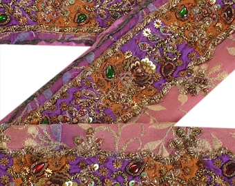 KreatvKraft Vintage Sari/Saree Border Hand Beaded Zari Zardozi Craft Trims 1Yd Ribbon Pink-Purple Georgette Lace