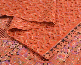 KreatvKraft Vintage Saree 100% Pure Silk Rusty Orange Floral Printed Sarees 5+Yd Fabric Bohemian Fabric For Dressmaking, Craft Supplies