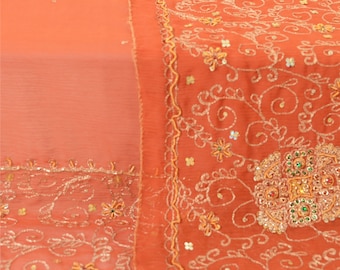 KreatvKraft Vintage Orange Dupatta Long Stole Chiffon Hand Beaded Hijab Scarves
