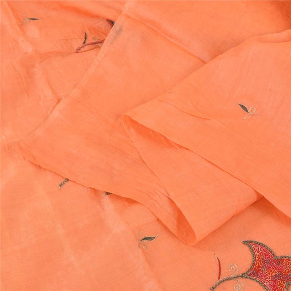 Peach Silk Pure Sari Fabric: Hand Embroidered Indian Saree, 5yd Add-Elegance to Table Linen, Curtains, or Cushions KreatvKraft
