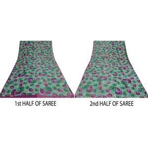 May include: Two halves of a floral patterned saree. The first half is a light green with pink flowers and a magenta border. The second half is a light green with pink flowers and a white border. The text "1st HALF OF SAREE" is below the first half and "2nd HALF OF SAREE" is below the second half.
