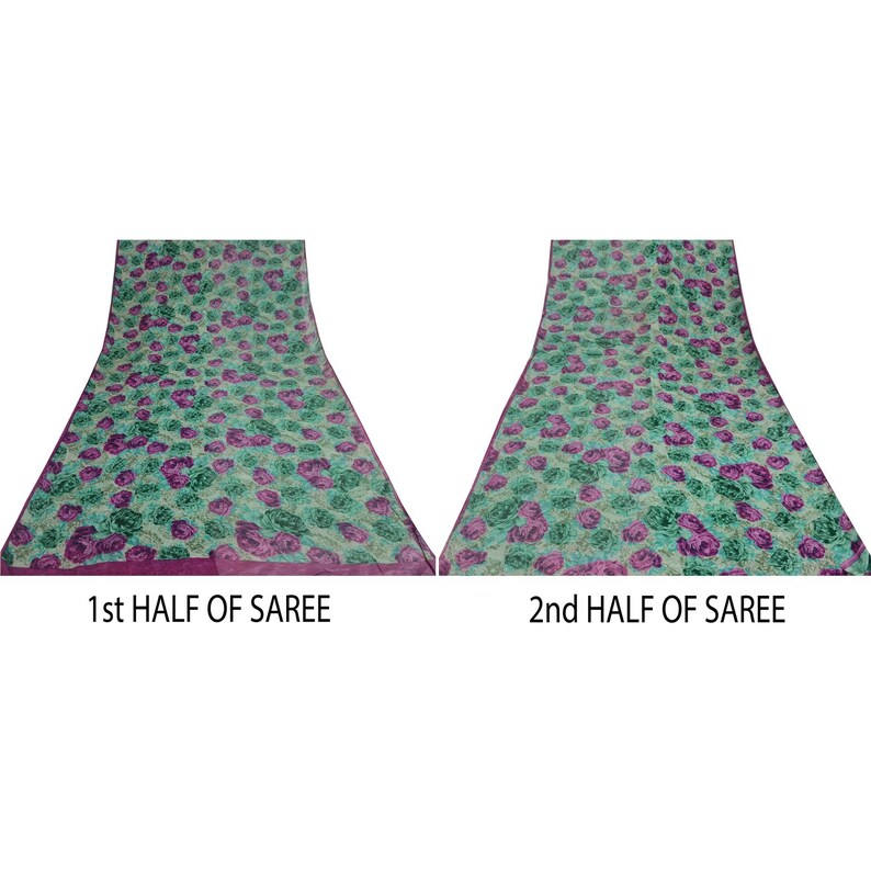 May include: Two halves of a floral patterned saree. The first half is a light green with pink flowers and a magenta border. The second half is a light green with pink flowers and a white border. The text "1st HALF OF SAREE" is below the first half and "2nd HALF OF SAREE" is below the second half.