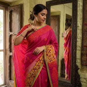 May include: A vibrant fuchsia saree featuring a chevron-patterned fabric with a wide, textured orange border adorned with intricate floral embroidery and a thin yellow trim. The garment is draped over the shoulder with a matching patterned pallu.