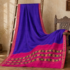 Pochampally Ikat Pure Silk Saree: Blue-Pink Hand-Woven, 5+Yard Craft Fabric