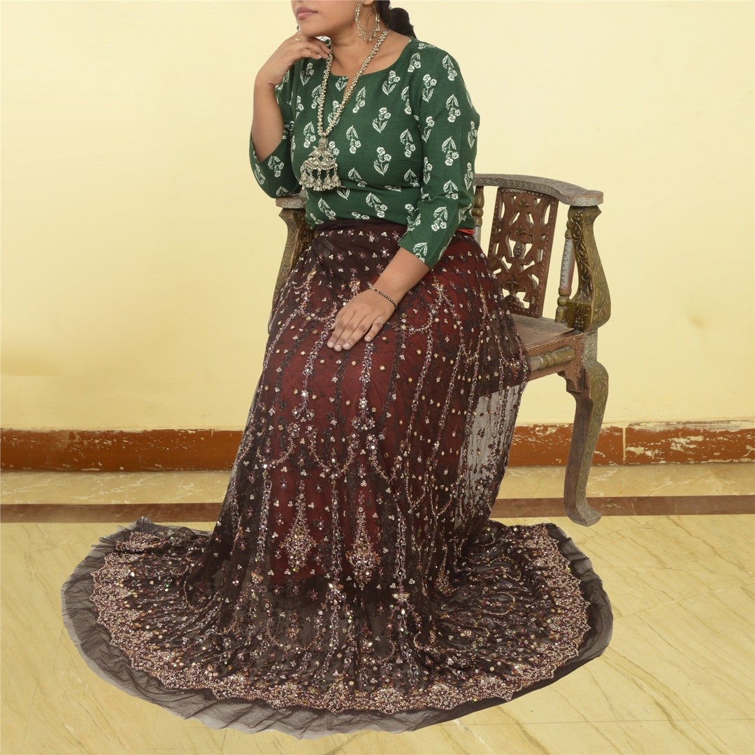New Long Skirt Net Mesh Dark Brown Hand Beaded Unstitched Etsy