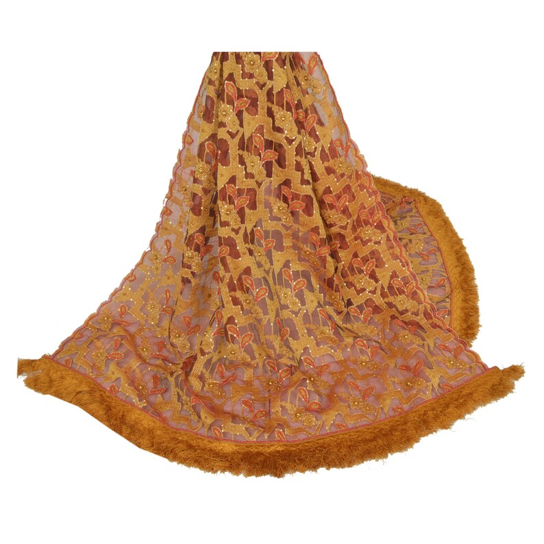 Vintage Dupatta Long Stole Organza Brown Hand Beaded Woven Scarves