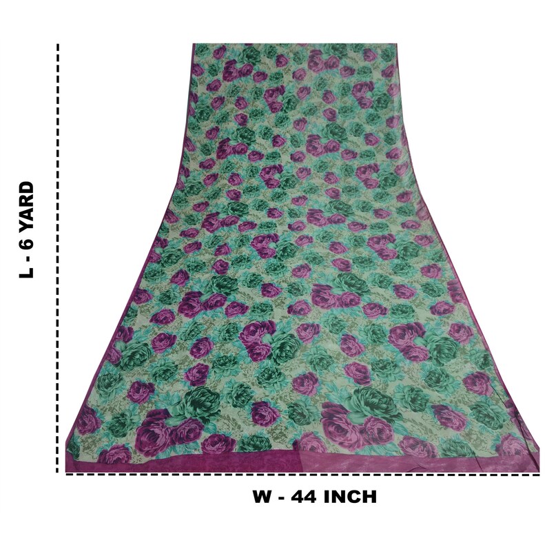 Vintage Saree Blend Crepe Green & Pink Digital Printed Saree 6Yd Craft Fabric For Crafting, Upcycling, or Even Wearing KreatvKraft image 5