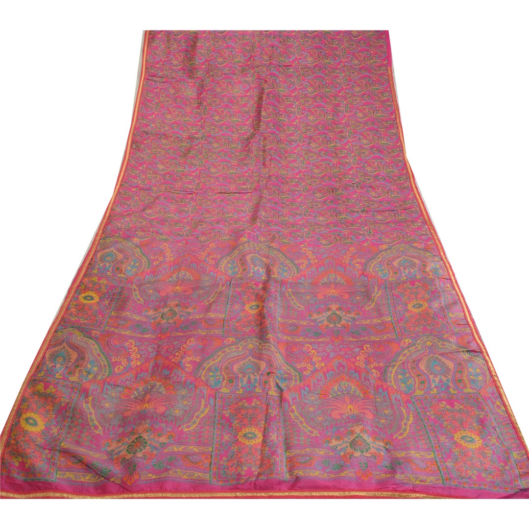 Vintage Sari 100 Pure Silk Sarees From India Pink Printed 5yd Etsy