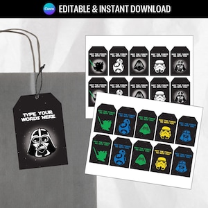 May include: Black gift tags with Star Wars character designs, including Darth Vader, Stormtroopers, and BB-8. The tags have the text "May the Force Be With You" and "Type Your Words Here". The tags are for an editable and instant download.