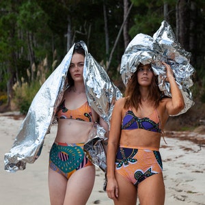 PRINT Mangia fuoco 2 piece zero waste bikini. Sustainable swimwear designed for surfing. Made in NZ from high quality recycled nylon. image 1