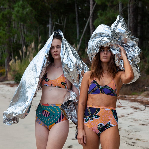 PRINT Mangia fuoco 2 piece zero waste bikini. Sustainable swimwear designed for surfing. Made in NZ from high quality recycled nylon.