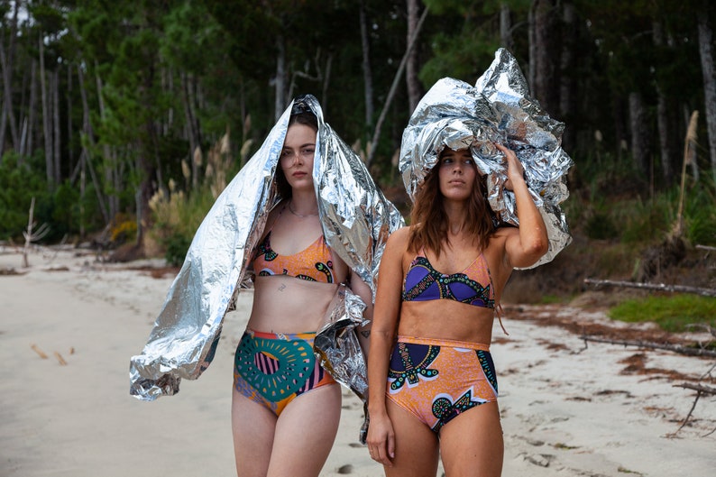 PRINT Mangia fuoco 2 piece zero waste bikini. Sustainable swimwear designed for surfing. Made in NZ from high quality recycled nylon. image 1