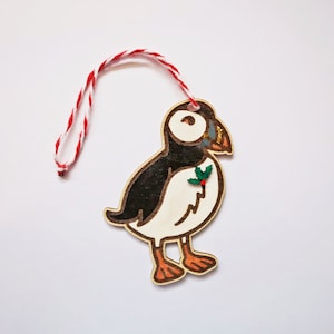 Puffin Christmas tree decoration, Hand painted wooden Puffin decoration