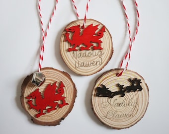 Welsh Christmas decorations, Welsh dragon/Nadolig Llawen wooden decorations