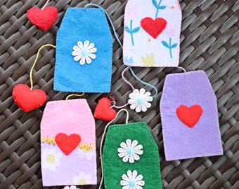 Marcapáginas de bolsitas de té hechos a mano, regalo de lectura de fieltro cosido a mano