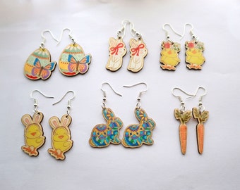 Easter dangle earrings, Hand painted wooden earrings