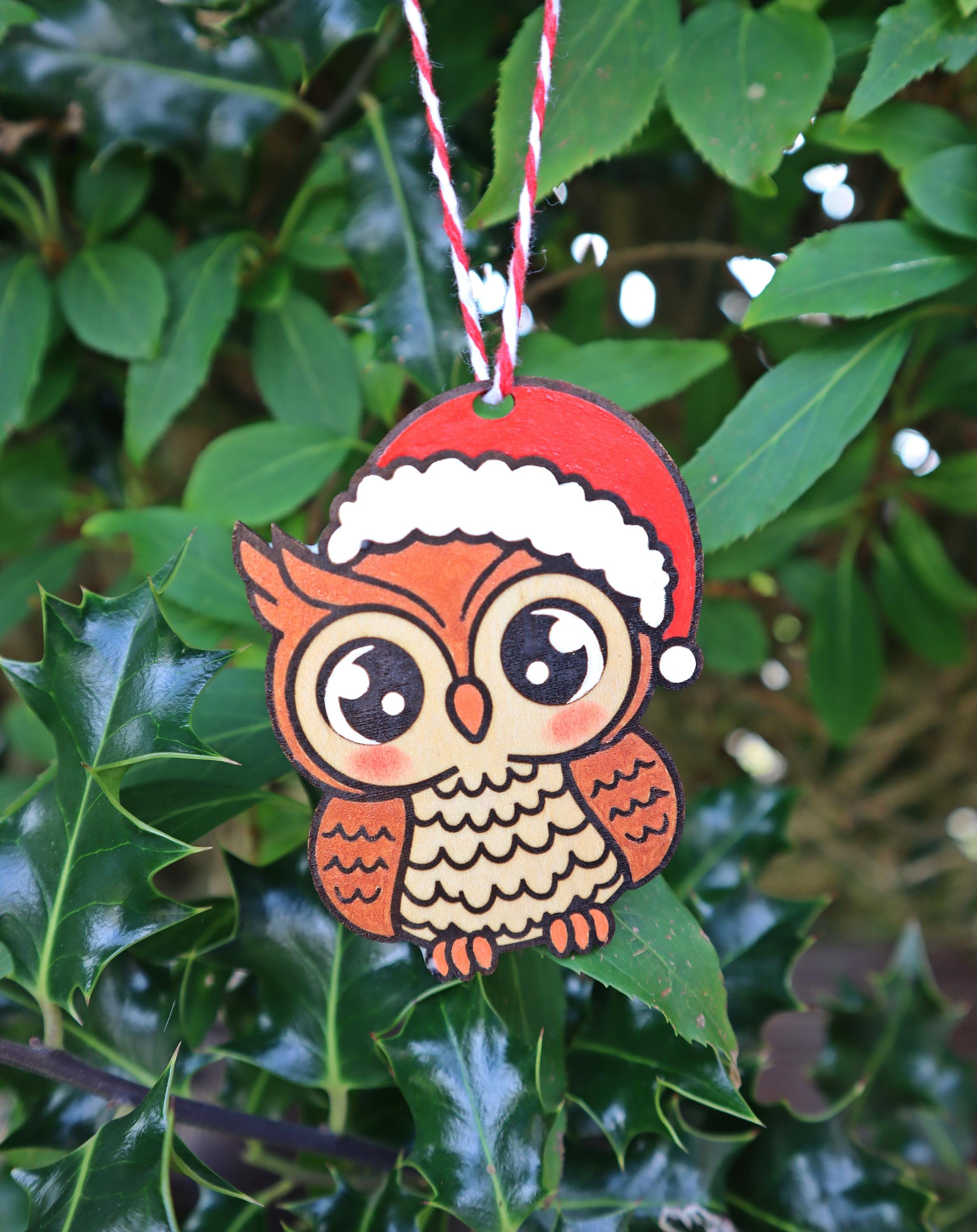 Cute Owl Christmas tree decoration, Hand painted Christmas owl wooden ornament