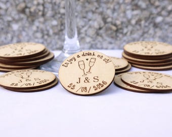 Fichas para bebidas de boda, papelería personalizada grabada para bodas y fiestas.