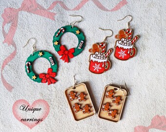 Pendientes navideños únicos hechos a mano: Pan de jengibre, Corona, Taza de chocolate caliente