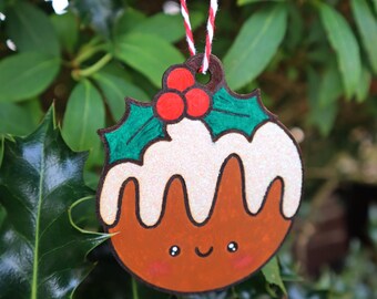 Decoración de árbol de pudín de Navidad, adorno colgante grabado y pintado a mano