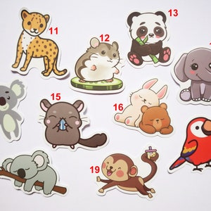 May include: A set of 10 colorful cartoon animal stickers. The stickers feature a cheetah, hamster, panda, elephant, koala, chinchilla, rabbit, bear, monkey, and a red bird. The stickers are perfect for adding a touch of whimsy to your laptop, water bottle, or planner.