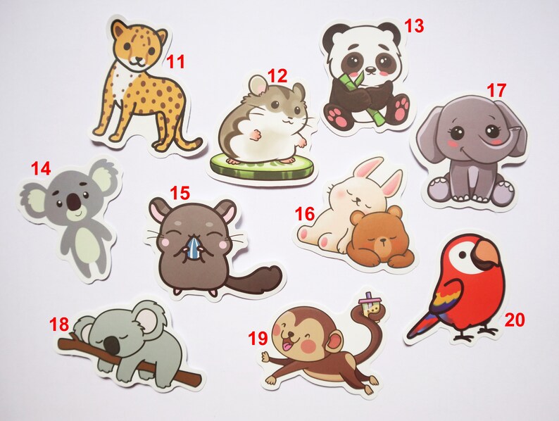 May include: A set of 10 colorful cartoon animal stickers. The stickers feature a cheetah, hamster, panda, elephant, koala, chinchilla, rabbit, bear, monkey, and a red bird. The stickers are perfect for adding a touch of whimsy to your laptop, water bottle, or planner.