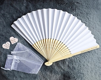 Personalised wedding hand fan, White paper and wood custom engraved folding hand held fans