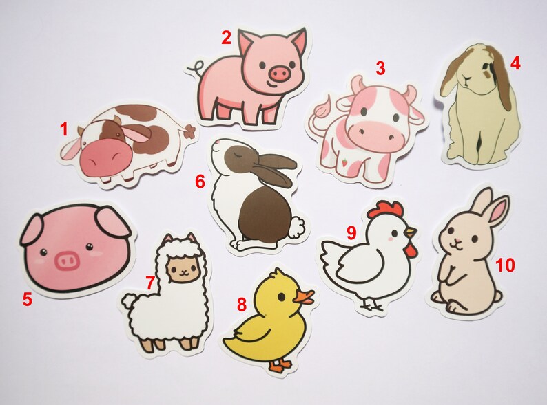 May include: Ten colorful cartoon animal stickers, including a pig, cow, rabbit, chicken, and llama. The stickers are perfect for adding a touch of whimsy to your planner, laptop, or water bottle.