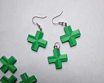 Pendientes con cruz verde de farmacia impresos en 3D, regalo para farmacéuticos.