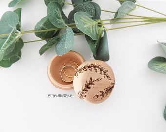 wooden wedding ring and trinket box with wood burning vine detail.
