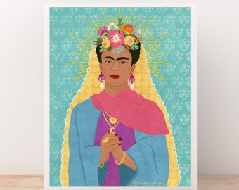 Saint Frida, Large,  Patron Saint, Latina Woman, Mexican Art, Frida Kahlo, Bisexual Art, LGBTQ Art, Maximalist Art, Gallery Wall Art Prints