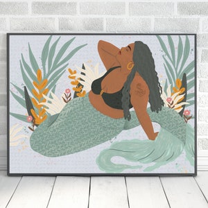 Mermaid Art Print, Black Girl Mermaid, Body Positive Art, Plus Size Art, Chubby Mermaid, Girls Room Art, Little Mermaid, Mermaid Painting